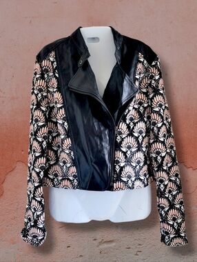 Yyigal | Black/Coral Sheer Floral Scallop Lace Trim Faux Leather Moto Jacket
